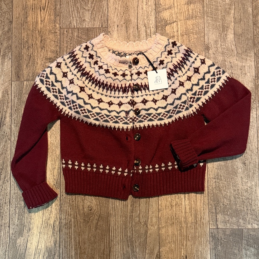 Women's Burgundy Fair Isle Yoke Cardigan Sweater